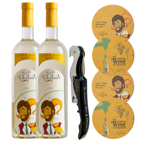 2 Bottles OF Les Trois Maladroits White + 1 Wine Opener and 4 Coasters